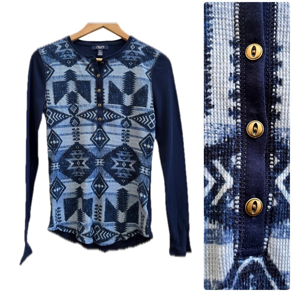 Chaps Denim Desert Boho Southwestern Aztec Print Long Sleeve Henley Top Small